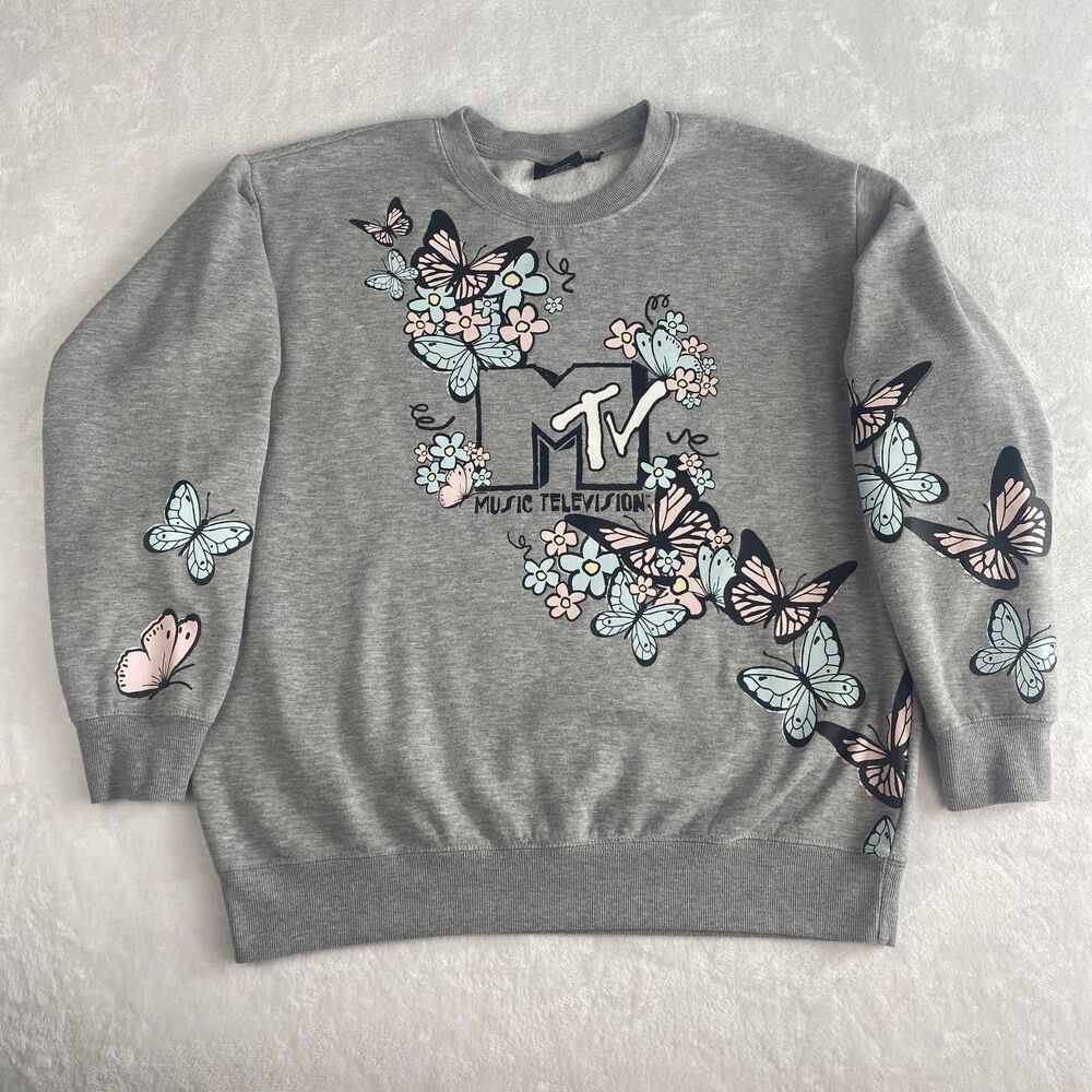 MTV Graphic Sweater Womens Large Gray Logo Floral Sweatshirt Pullover Casual
